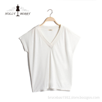 Lightweight Summer Solid Knitted V-neck White Shirt